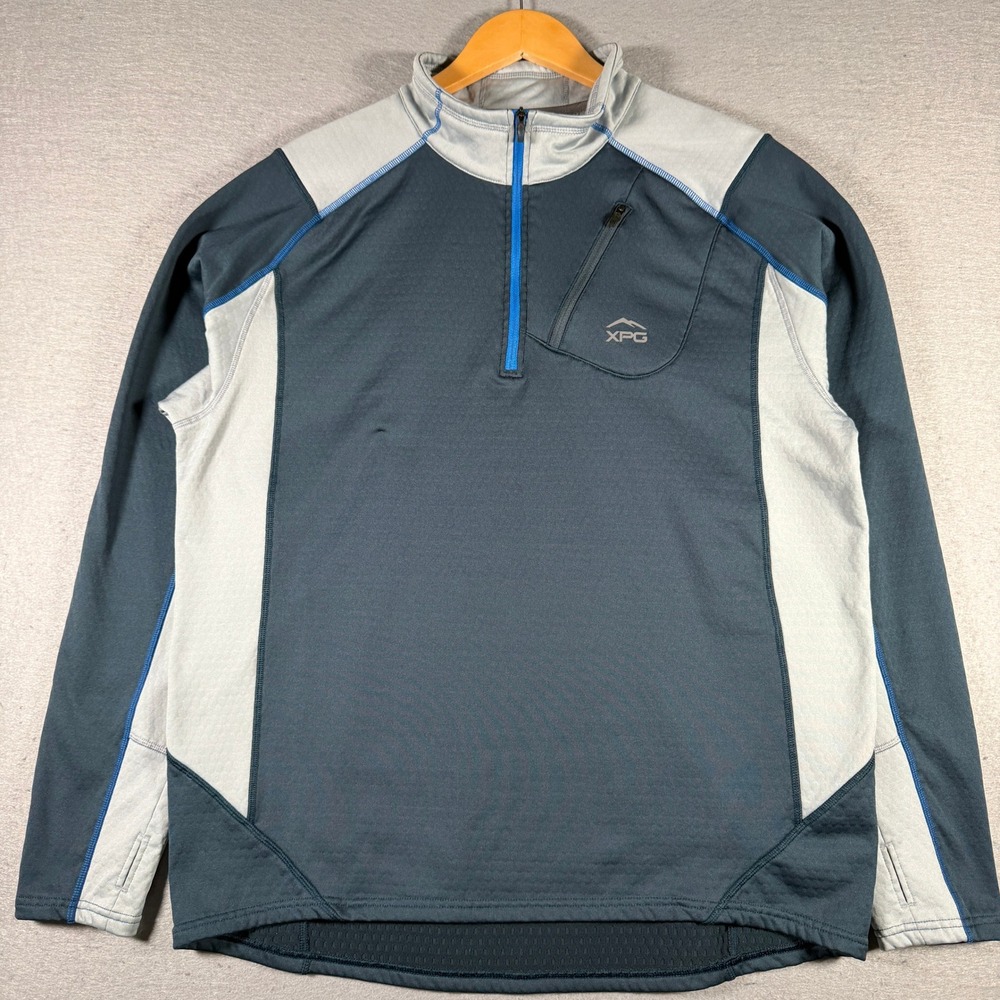 Cabelas XPG Mens Large Quarter Zip Pullover Charcoal Grey Blue Performance 12415
